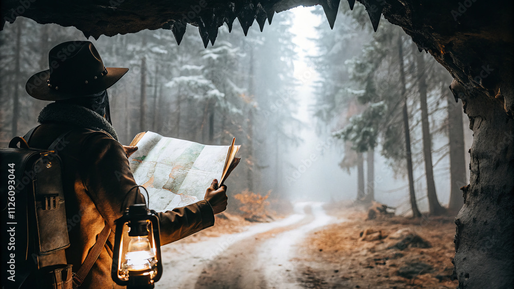 traveler holding map and lantern explores misty forest trail from cave, evoking curiosity and adventure traveler holding map and lantern explores misty forest trail from cave, evoking curiosity and adventure