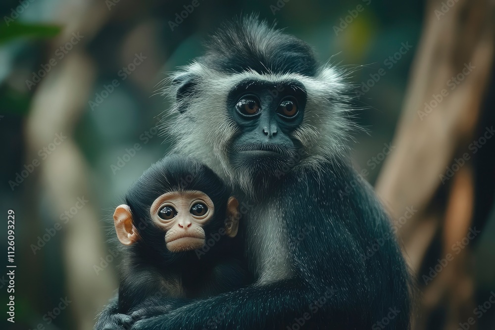 Leaf Monkeys or Dusky Langur and mother who are living in the forest, Leaf Monkeys or Dusky Langur and mother who are living in the forest,
