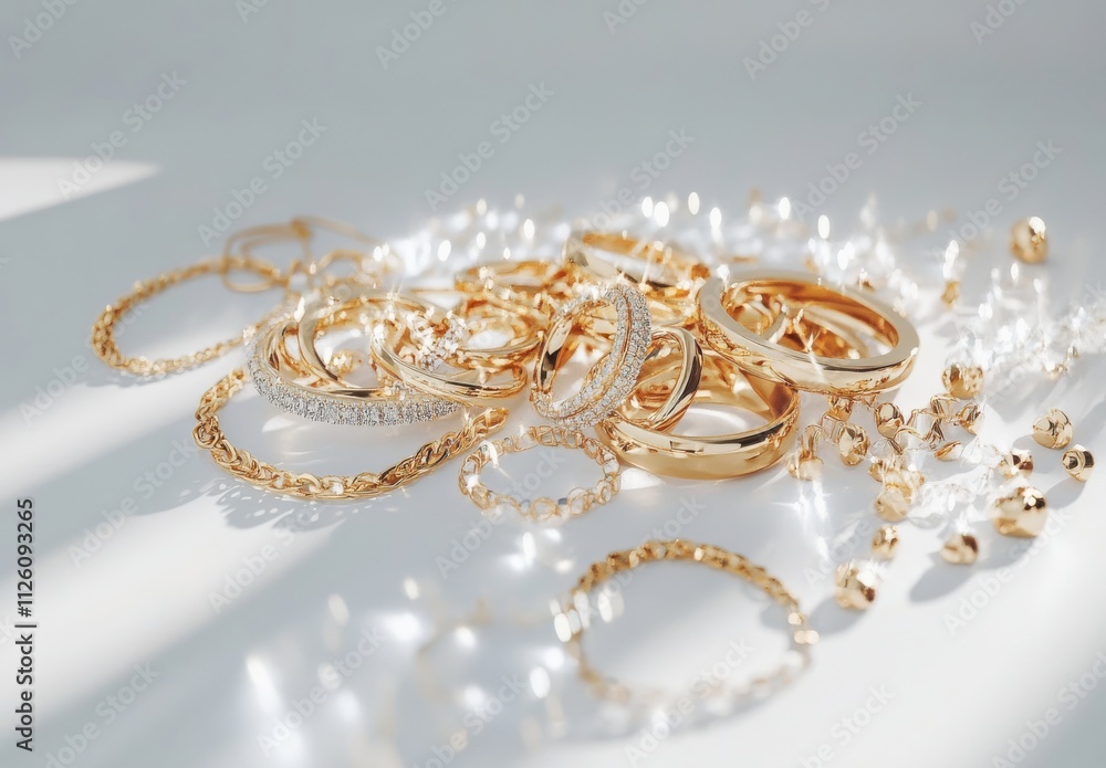 A Stunning Collection of Elegant Gold Jewelry and Rings Sparkling in Natural Light on a Smooth White Surface, Perfect for Fashion and Accessory Photography A Stunning Collection of Elegant Gold Jewelry and Rings Sparkling in Natural Light on a Smooth White Surface, Perfect for Fashion and Accessory Photography