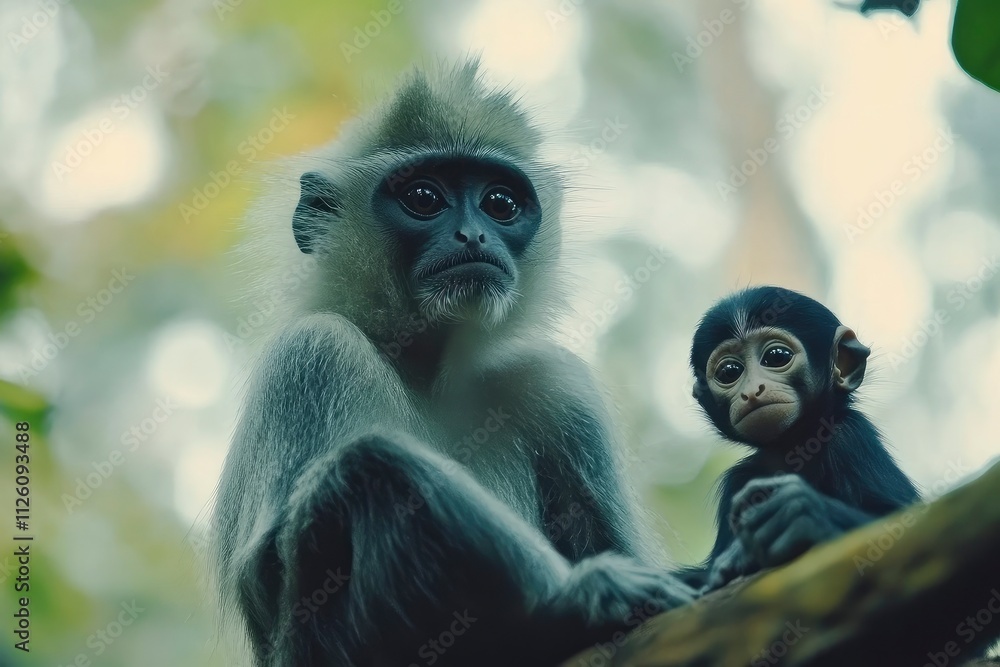 Obraz premium Leaf Monkeys or Dusky Langur and mother who are living in the forest, 