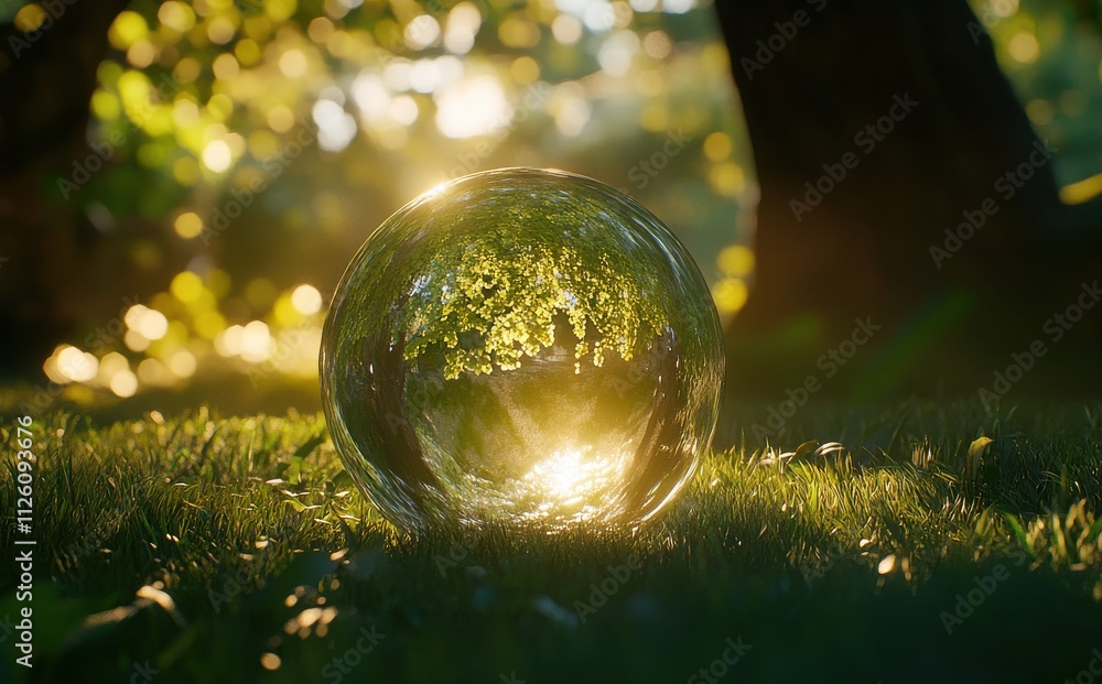 A Transparent Sphere Reflecting Sunlight and Foliage in a Lush Green Forest, Capturing Nature’s Beauty and Tranquility in an Ethereal Setting A Transparent Sphere Reflecting Sunlight and Foliage in a Lush Green Forest, Capturing Nature’s Beauty and Tranquility in an Ethereal Setting