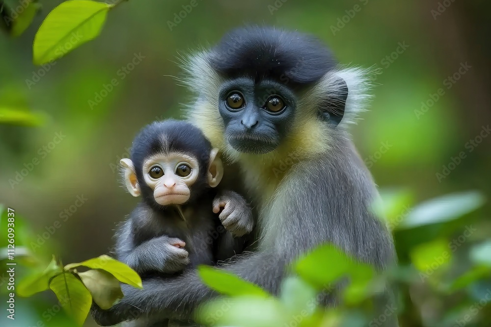 Leaf Monkeys or Dusky Langur and mother who are living in the forest, Leaf Monkeys or Dusky Langur and mother who are living in the forest,