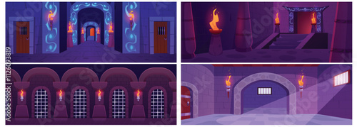 Vector illustration collection of dungeons and prisons with ancient corridors with a stone walls