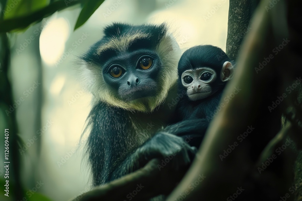 Fototapeta premium Leaf Monkeys or Dusky Langur and mother who are living in the forest, 
