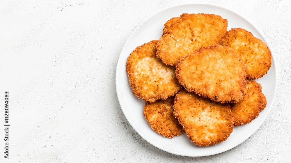 Crispy Golden Breaded Chicken Nuggets on White Plate Crispy Golden Breaded Chicken Nuggets on White Plate