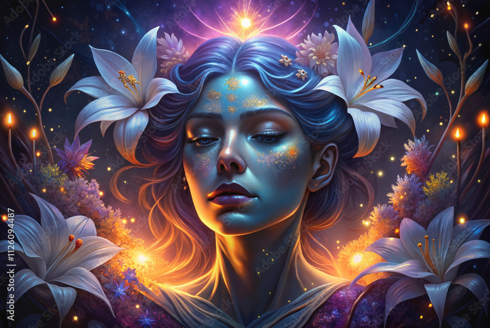 Woman with radiant flowers in cosmic atmosphere Woman with radiant flowers in cosmic atmosphere