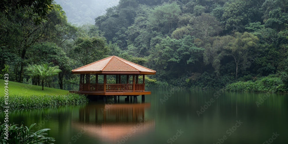 Wooden pavilion surrounded by a serene lake and lush forest creates a picturesque scene, highlighting the charm of the wooden pavilion amidst nature s beauty. Wooden pavilion surrounded by a serene lake and lush forest creates a picturesque scene, highlighting the charm of the wooden pavilion amidst nature s beauty.