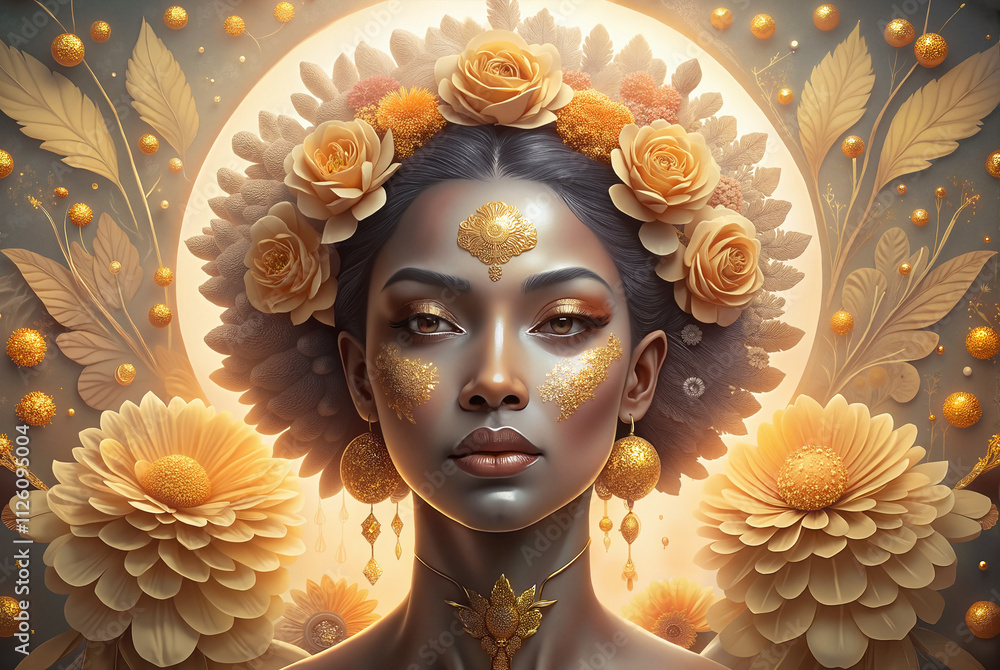 Ethereal woman with golden flowers and celestial aura Ethereal woman with golden flowers and celestial aura