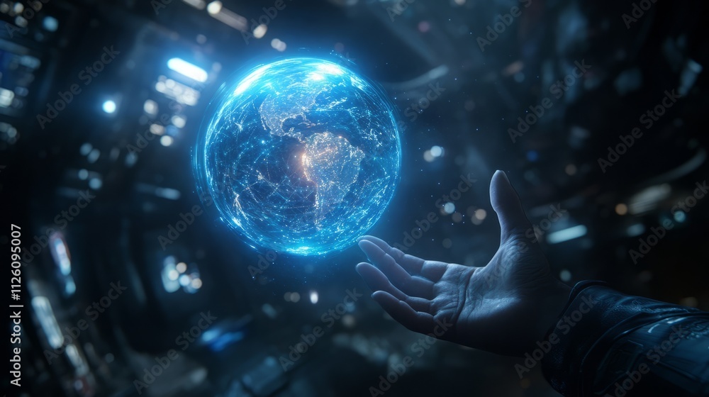 Futuristic Tech: A glowing holographic globe hovering above a hand in a dark space.
Futuristic Tech: A glowing holographic globe hovering above a hand in a dark space.
