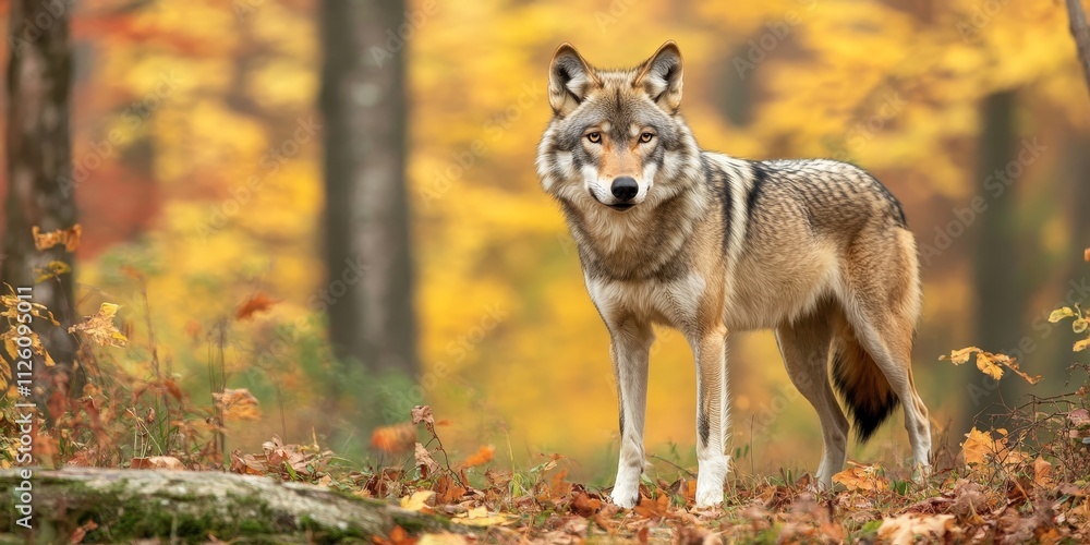 Eurasian wolf, often referred to as the gray wolf or timber wolf, is depicted here in front view within its natural habitat of an autumn forest. The Eurasian wolf, scientifically named Canis lupus Eurasian wolf, often referred to as the gray wolf or timber wolf, is depicted here in front view within its natural habitat of an autumn forest. The Eurasian wolf, scientifically named Canis lupus