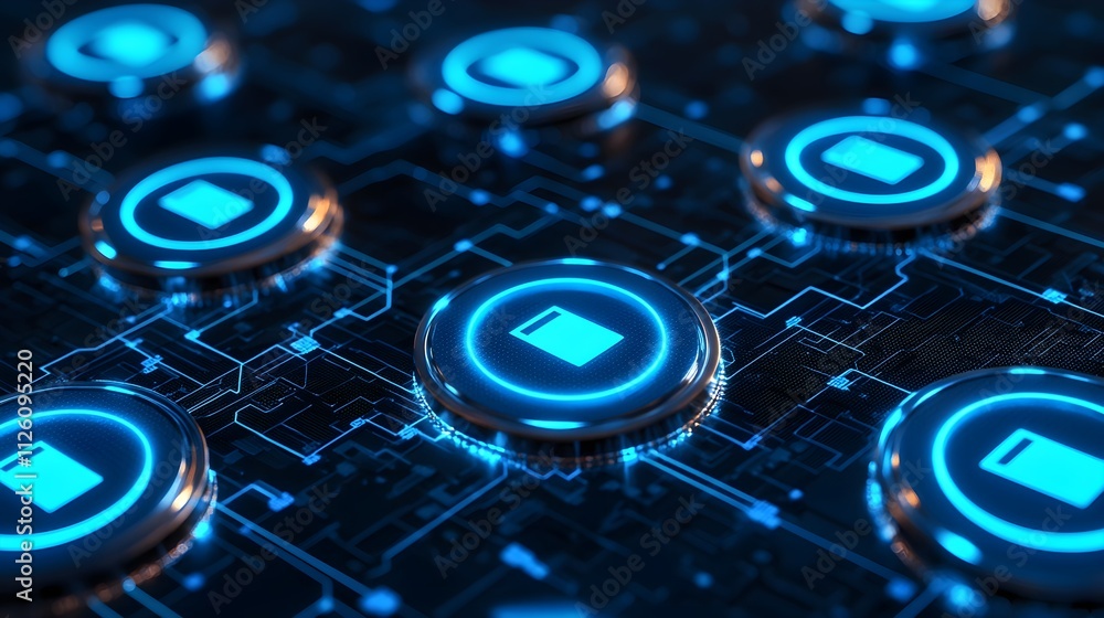 Data Storage Concept: Blue Neon Buttons on Circuit Board