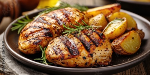 Grilled chicken pieces accompanied by potatoes are beautifully presented on a plate, enhanced by various table appointments to create an inviting dining experience featuring grilled chicken.