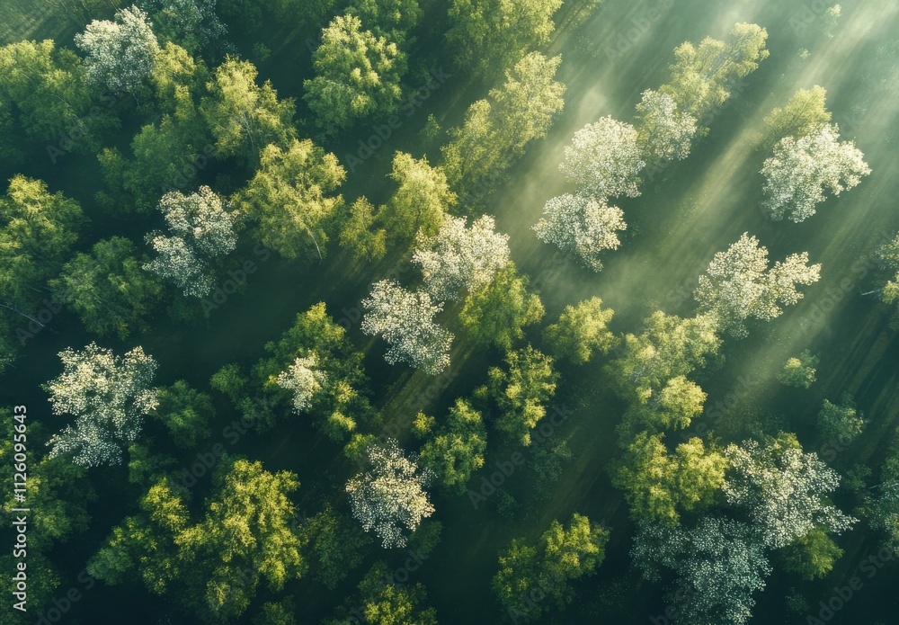 Aerial View of Lush Green Forest with Rays of Sunlight Illuminating Vibrant Trees in a Serene Natural Landscape During Spring Season Aerial View of Lush Green Forest with Rays of Sunlight Illuminating Vibrant Trees in a Serene Natural Landscape During Spring Season