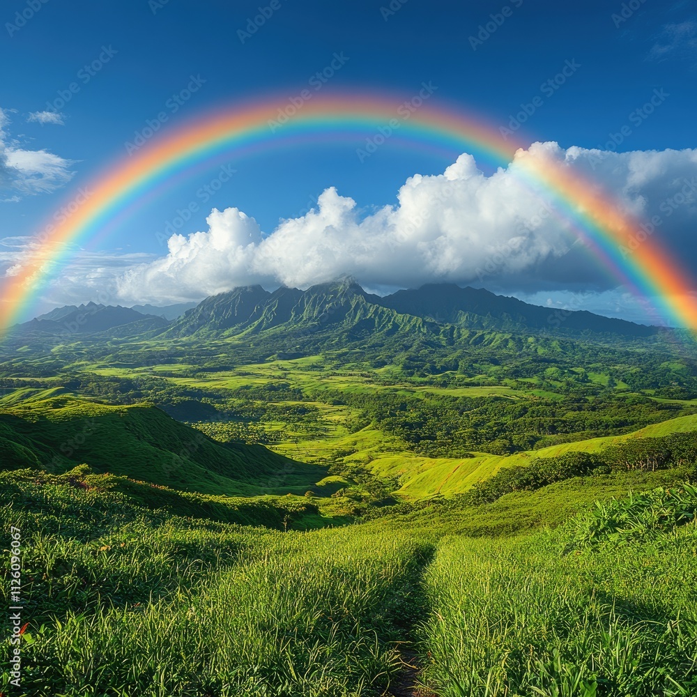 A vibrant landscape featuring rolling green hills and a rainbow arching over majestic mountains. A vibrant landscape featuring rolling green hills and a rainbow arching over majestic mountains.
