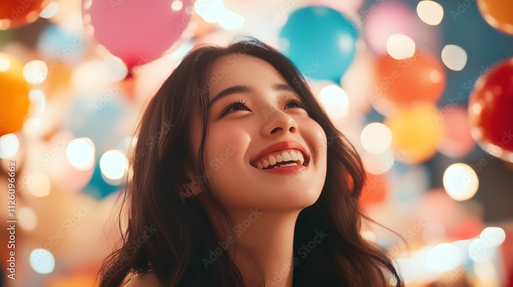 A Taiwanese model with glowing skin beams with happiness as she gazes upward amidst a vibrant backdrop of colorful balloons. The cheerful atmosphere captures a moment of joy and celebration. A Taiwanese model with glowing skin beams with happiness as she gazes upward amidst a vibrant backdrop of colorful balloons. The cheerful atmosphere captures a moment of joy and celebration.