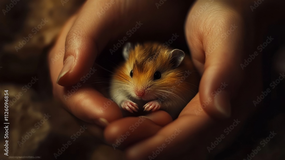 Cozy hamster enveloped in nurturing touch. Cozy hamster enveloped in nurturing touch.