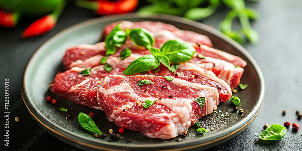Raw meat and vibrant green peppers arranged on a plate, showcasing an appetizing combination of raw meat and fresh ingredients, perfect for culinary creations featuring raw meat. Raw meat and vibrant green peppers arranged on a plate, showcasing an appetizing combination of raw meat and fresh ingredients, perfect for culinary creations featuring raw meat.
