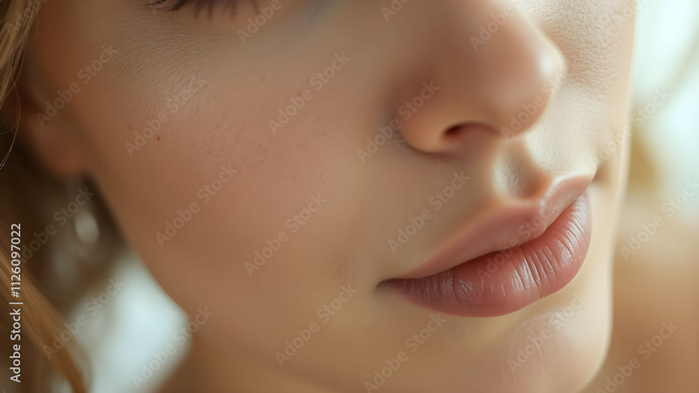 Obraz premium Elegant side profile of a woman showcasing a luminous complexion against a neutral backdrop