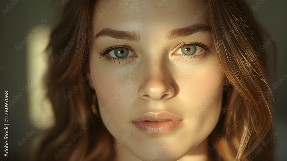 Fototapeta premium Elegant side profile of a woman showcasing a luminous complexion against a neutral backdrop