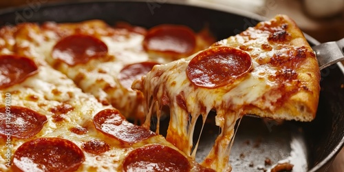 Pepperoni pizza slices being pulled from a pan highlight the deliciousness of pepperoni pizza, showcasing the savory toppings and melt in your mouth cheese in every slice. photo