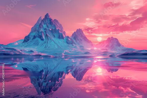 Breathtaking pink and blue landscape featuring majestic mountains reflecting in serene waters at sunset.