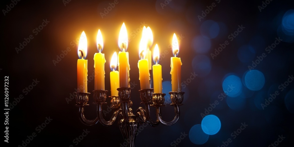 A metal Hanukkah candelabra showcases all eight candles burning brightly against a dark background, symbolizing the eight nights of the Hanukkah holiday and celebrating the festive spirit.