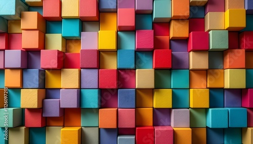 Abstract geometric rainbow colors colored 3d wooden square cubes texture wall background banner illustration panorama long, textured wood wallpaper