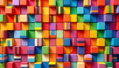 Fototapeta Naklejka Na Ścianę i Meble -  Abstract geometric rainbow colors colored 3d wooden square cubes texture wall background banner illustration panorama long, textured wood wallpaper