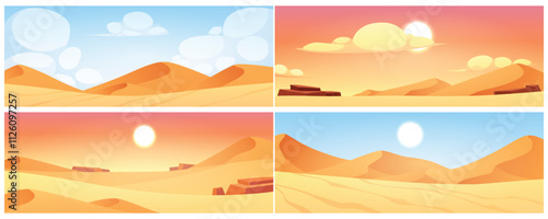 Illustration of a set depicting a desert landscape with dunes, rocks and a bright sun.