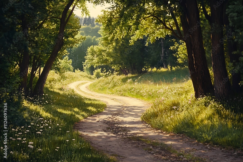 Naklejka premium A serene dirt path winding through a lush green forest, inviting exploration and tranquility.