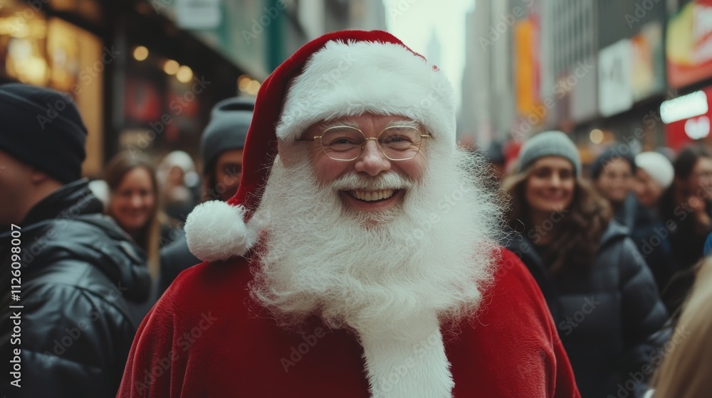 Happy Santa Claus in the middle of a busy New York street Happy Santa Claus in the middle of a busy New York street