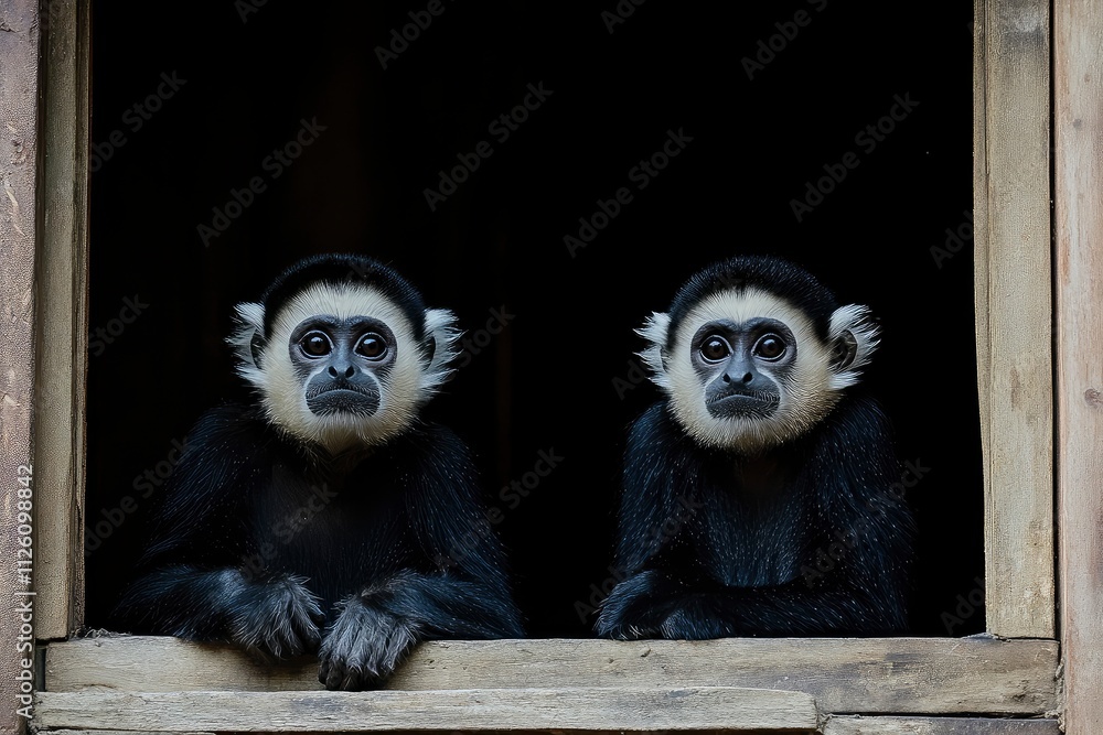 Fototapeta premium Pair of white-cheeked gibbons sitting in a window structure. One black and one white gibbon. Pair of monkeys in an open window with dark background. 