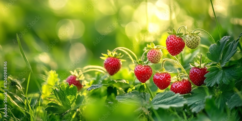 Juicy, ripe berries of wild strawberry stand out against lush green summer grass. These wild strawberries offer a delightful flavor and a memorable aroma, making them a tasty and beneficial natural