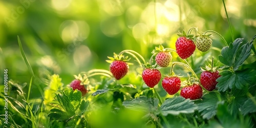 Obraz na płótnie Juicy, ripe berries of wild strawberry stand out against lush green summer grass. These wild strawberries offer a delightful flavor and a memorable aroma, making them a tasty and beneficial natural w salonie