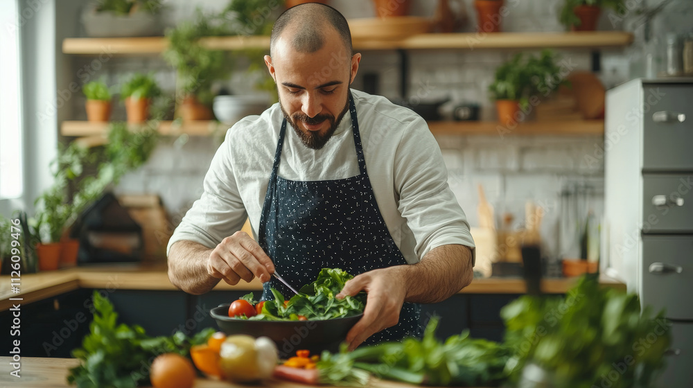 Healthy cooking man preparing salad in modern kitchen Healthy cooking man preparing salad in modern kitchen