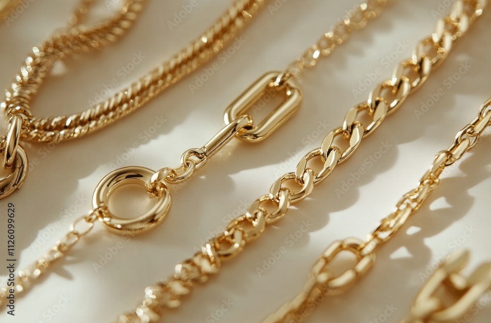 Close-up View of Elegant Gold Chains Displayed on a Soft Background, Showcasing Various Textures and Designs for Jewelry Lovers and Fashion Enthusiasts Close-up View of Elegant Gold Chains Displayed on a Soft Background, Showcasing Various Textures and Designs for Jewelry Lovers and Fashion Enthusiasts