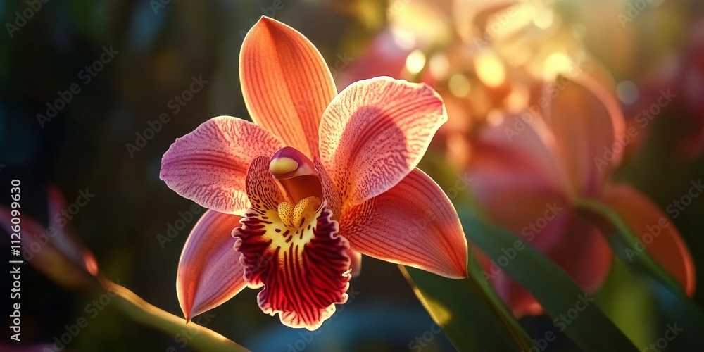 Fototapeta premium Close up view of a beautiful orchid flower showcasing its intricate details, vibrant colors, and unique shape, highlighting the beauty of this stunning orchid plant.