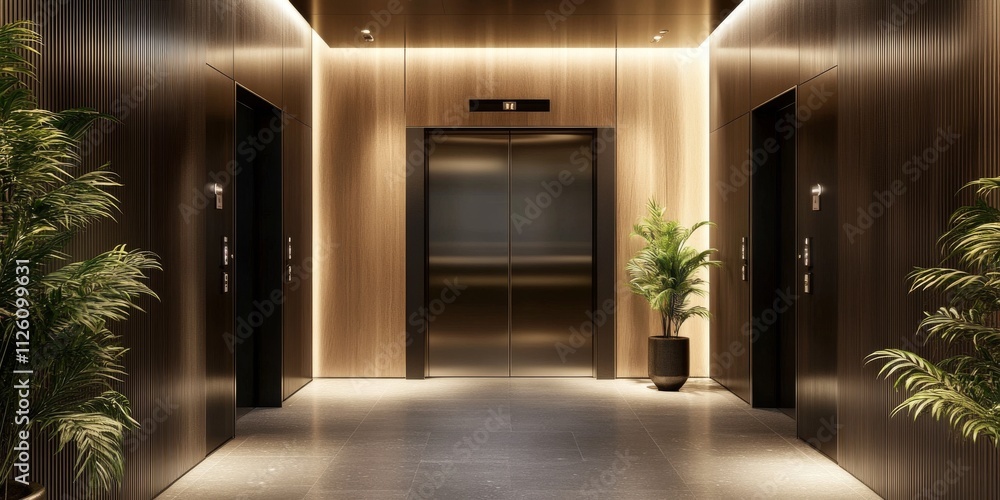 Modern elevator lift hallway showcases sleek interior design in an urban commercial setting. This interior design emphasizes functionality and style, creating an impressive elevator lift experience.