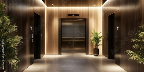 Obraz na płótnie Modern elevator lift hallway showcases sleek interior design in an urban commercial setting. This interior design emphasizes functionality and style, creating an impressive elevator lift experience. w salonie