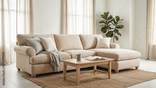 A calming living room with soft beige tones dominating the space. The centerpiece is a large, plush beige sofa adorned with a few cream and light gray throw pillows with a light oak coffee table 