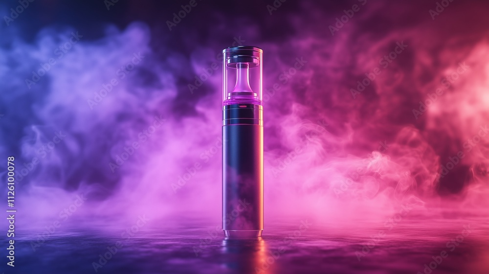 A futuristic vaporizer device surrounded by neon smoke, showcasing its modern and stylish design in a dark environment. Innovative technology concept A futuristic vaporizer device surrounded by neon smoke, showcasing its modern and stylish design in a dark environment. Innovative technology concept