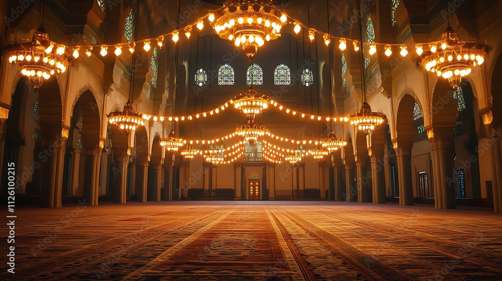 Obraz premium Grand mosque interior at night, illuminated by ornate chandeliers and warm lighting, showcasing intricate architecture and a spacious prayer hall with patterned carpets.