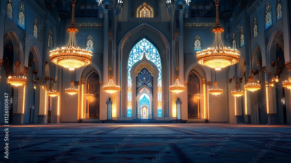 Obraz premium Grand mosque interior with ornate chandeliers, stained glass, and expansive prayer hall.