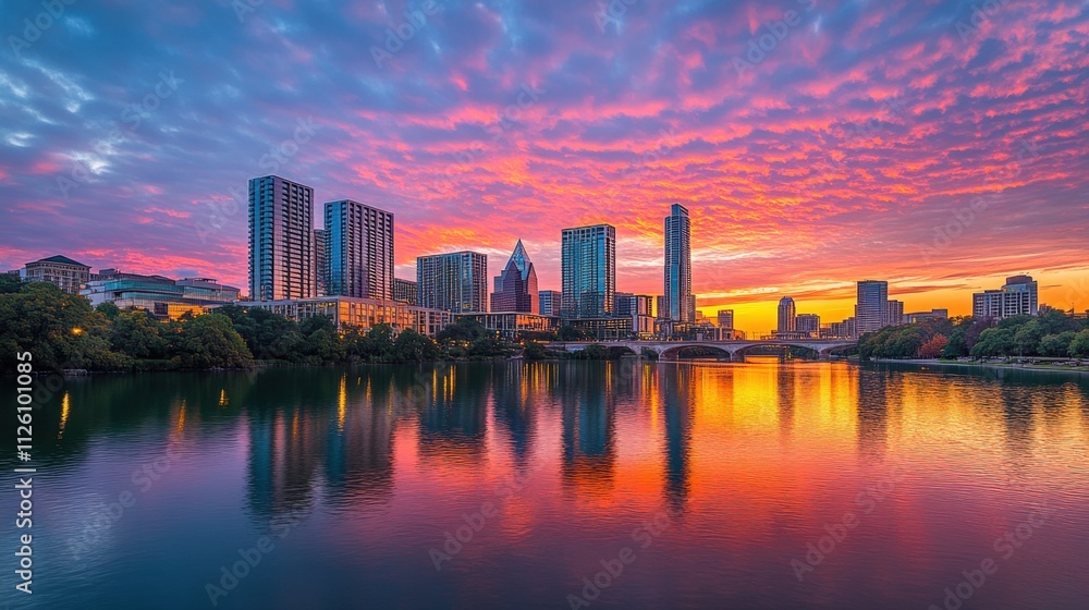 Fototapeta premium stunning sunset over a city skyline reflecting on water