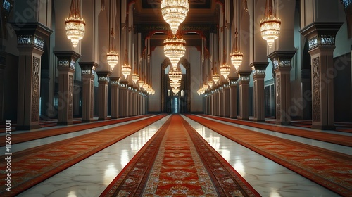 Grand mosque interior with rows of columns, ornate chandeliers, and red carpets.