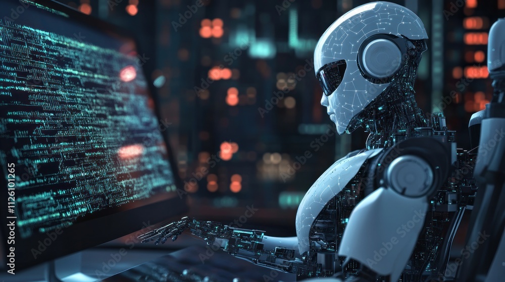 AI Programmer: A futuristic robot diligently codes at its computer, showcasing technological advancements and artificial intelligence. AI Programmer: A futuristic robot diligently codes at its computer, showcasing technological advancements and artificial intelligence.