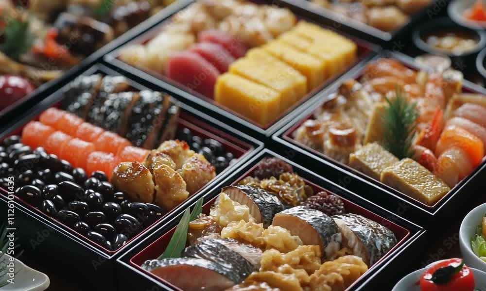 A Close-Up View of an Exquisite Osechi Ryori New Year's Feast A Close-Up View of an Exquisite Osechi Ryori New Year's Feast