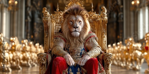 A wise lion king seated on his throne, symbolizing leadership and authority in a majestic environment. Leadership concept photo