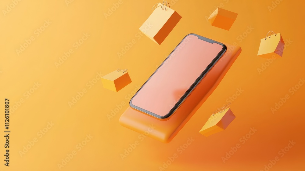 Mobile Phone with Shopping Bags on an Orange Background Mobile Phone with Shopping Bags on an Orange Background