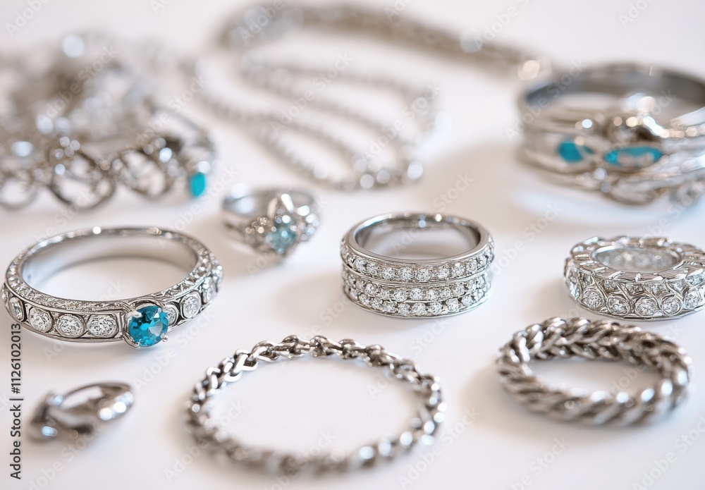 Elegant Collection of Silver and Gemstone Jewelry Featuring Rings, Necklaces, and Earrings Displayed on a Soft Background for Stylish Accessories Showcase Elegant Collection of Silver and Gemstone Jewelry Featuring Rings, Necklaces, and Earrings Displayed on a Soft Background for Stylish Accessories Showcase